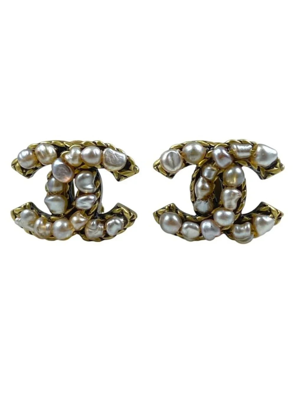 Chanel CC Logo Earrings Vintage Accessory Metal Faux Pearl Gold